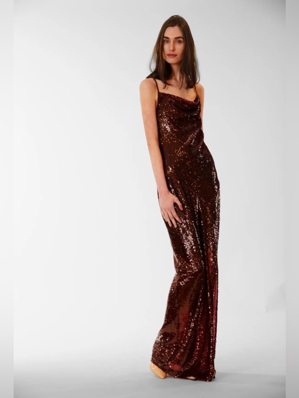 Julia Jordan Sequin Cowl Neck Side Slit Maxi Dress in Red Wine Color Slip NWOT - Picture 2 of 11